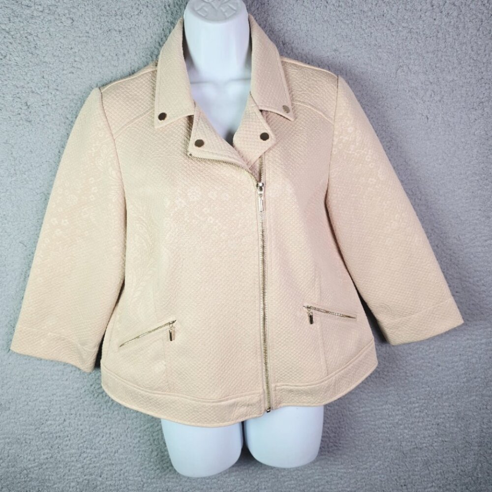 Chicos Moto Jacket Cream 1 Textured Asym Zip 34 Sleeve Minimalist